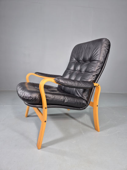 Vintage Danish Leather and Vinyl Lounge Chair Bent Wood Frame 80s Retro EB13076