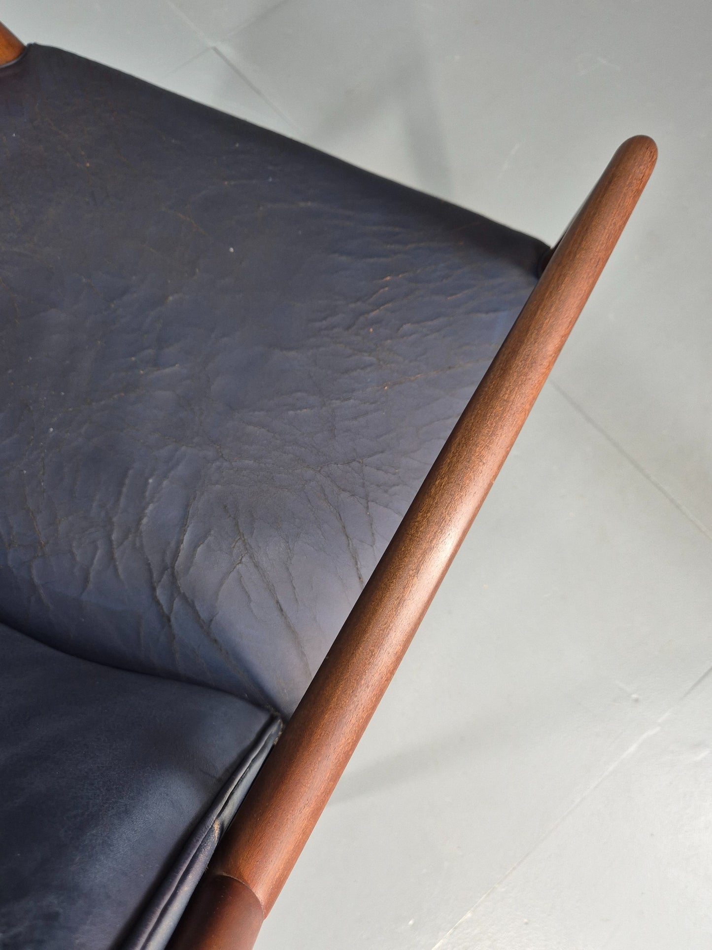 Vintage Mid Century Teak Armchair Blue Leather 1960s Retro EB11901
