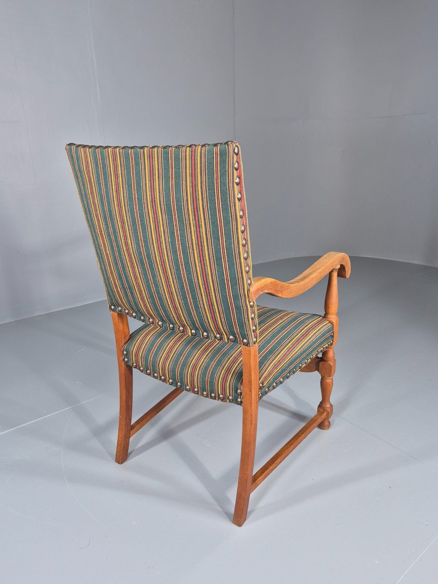 Vintage Danish Baroque Style Arm Chair Oak and Striped Wool 1960s  EB12460