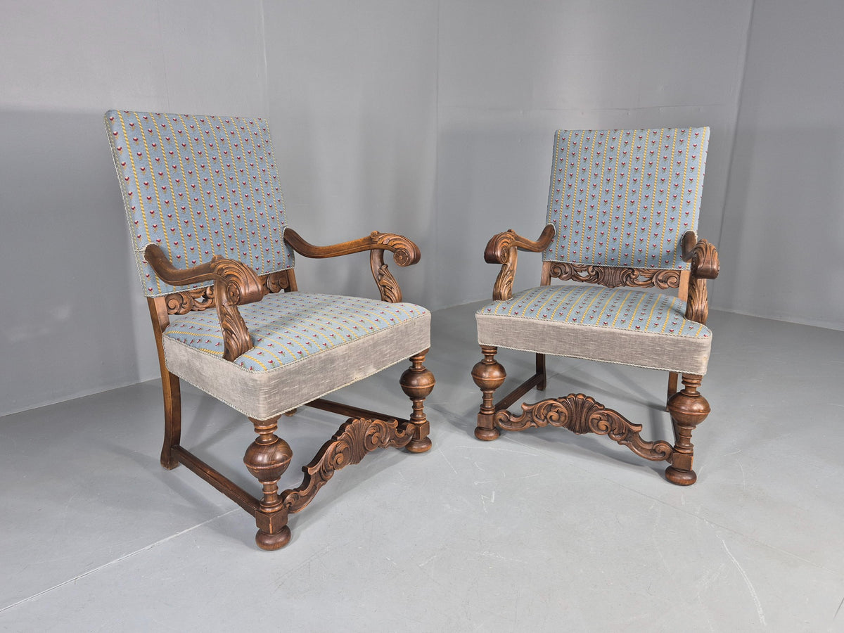 2 Vintage Danish Baroque Revival Lounge Chairs Oak Frame Tapestry Floral EB12643