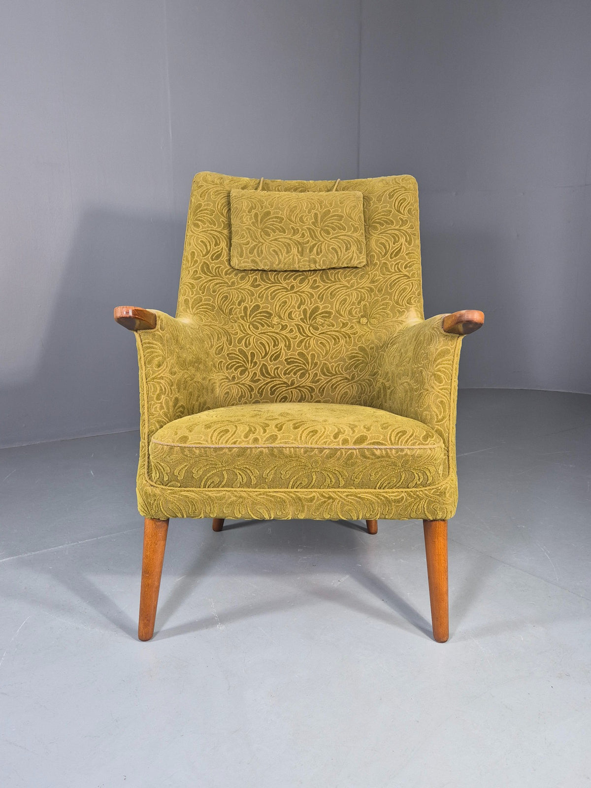 Vintage Danish Lounge Chair Green Floral Moquette Teak Detail MCM Retro EB13040