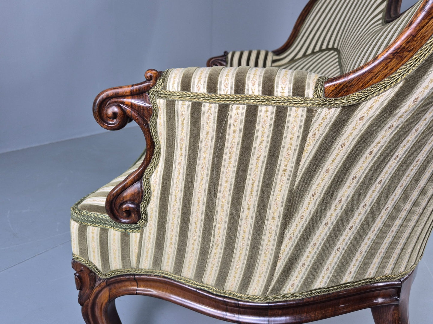 Antique Neo Rococo Serpentine Sofa Danish Mahogany Frame Green Cream EB12702