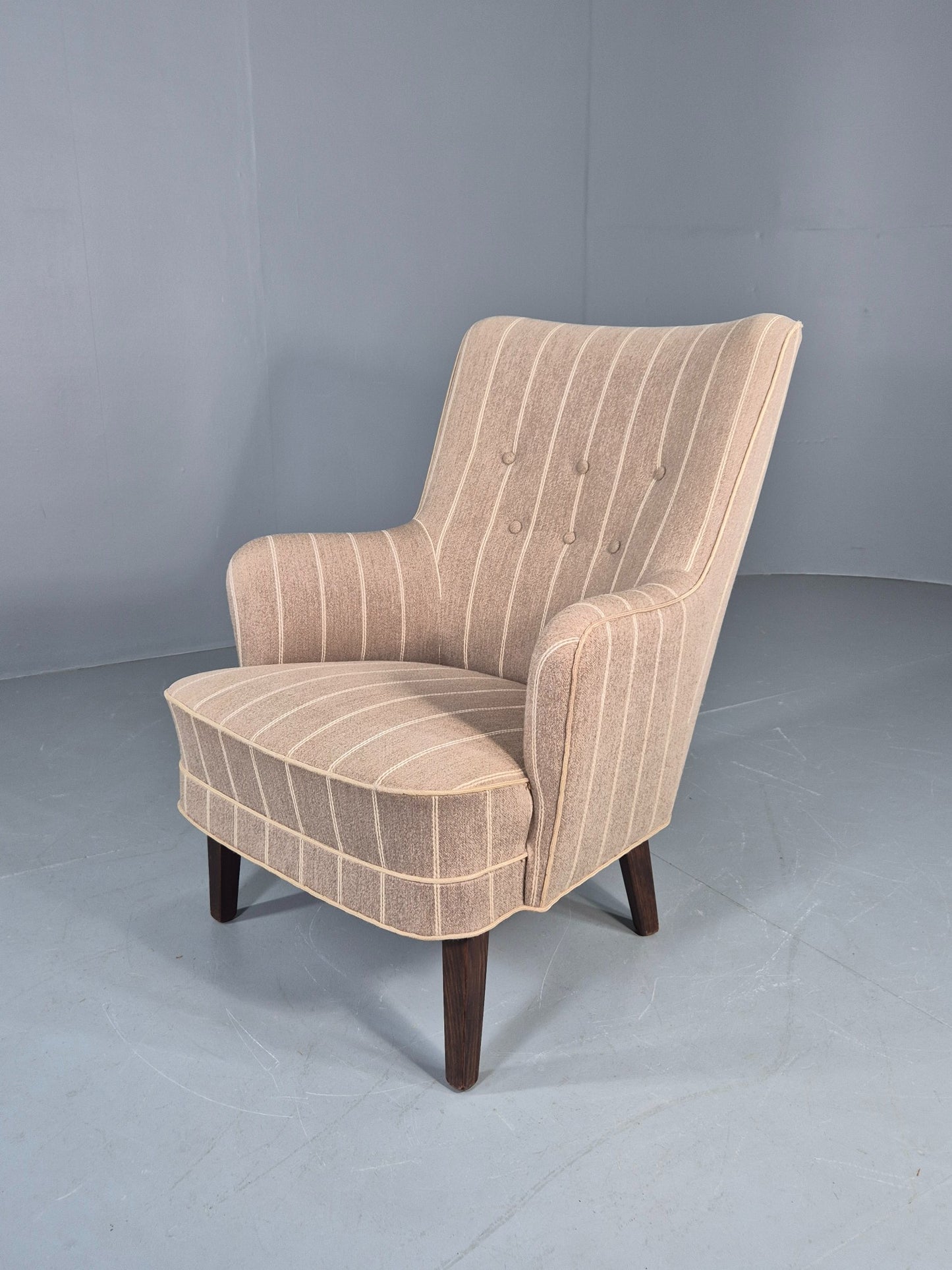 Vintage Danish Mid Century Lounge Chair Grey Cream Stripe 1960s Retro  EB12779