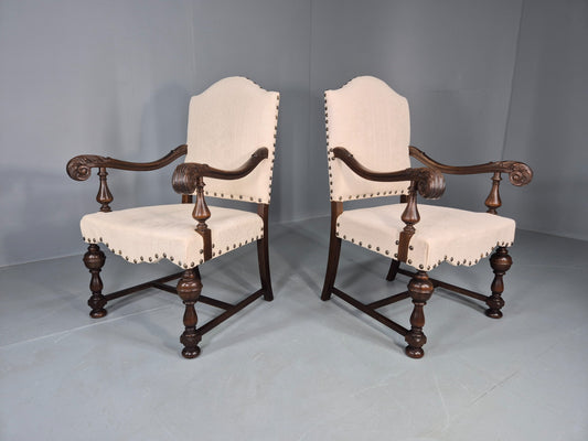 2 Vintage Carolean Style Oak Armchairs 1950s Danish Repro Quality Eb12641