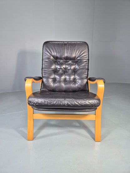 Vintage Danish Faux Leather Lounge Chair Bent Wood Frame 1980s Retro EB13074