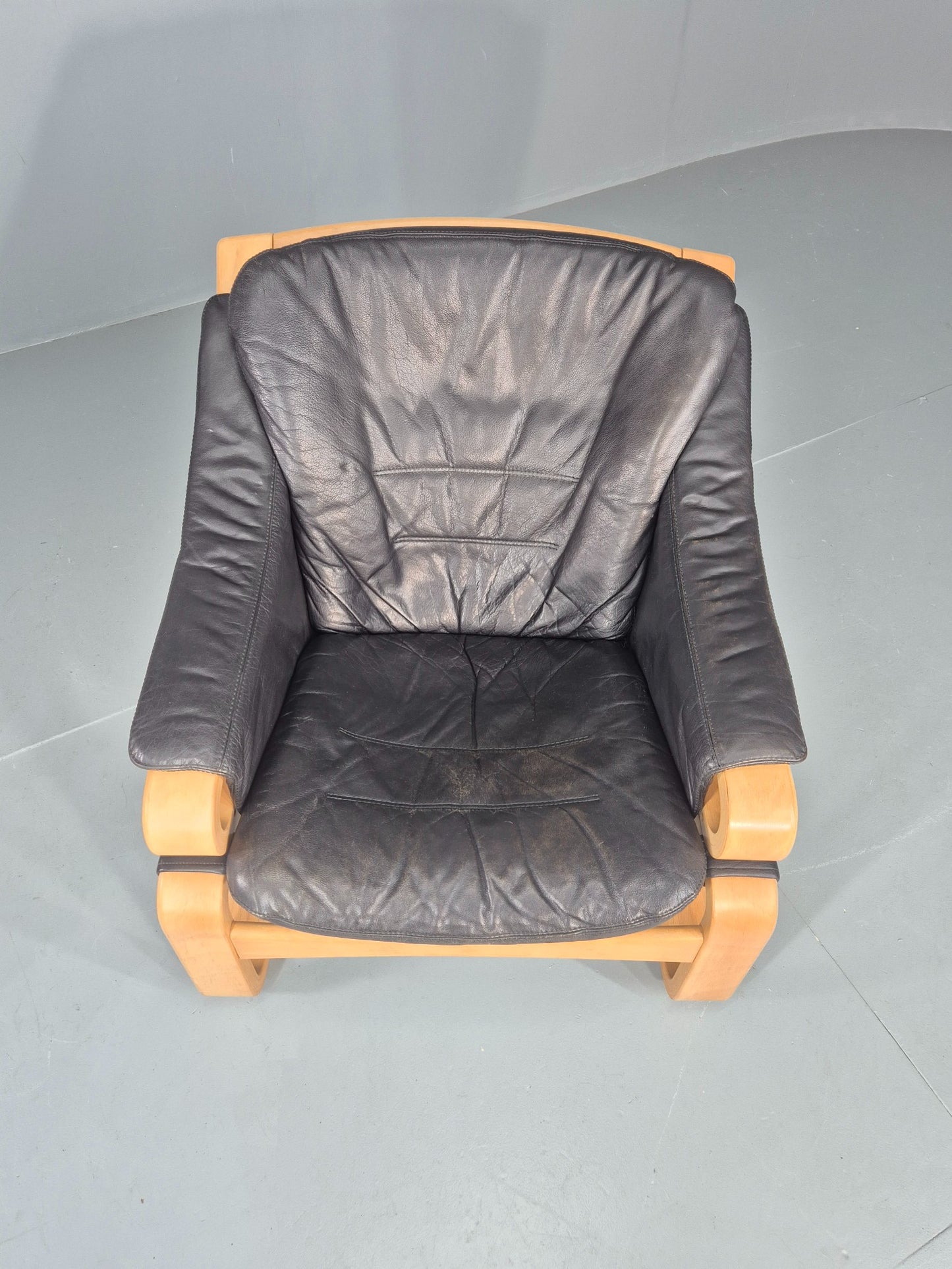 Vintage 1970s Lounge Chair Krokken By Fribytter Leather Bentwood Retro EB11999