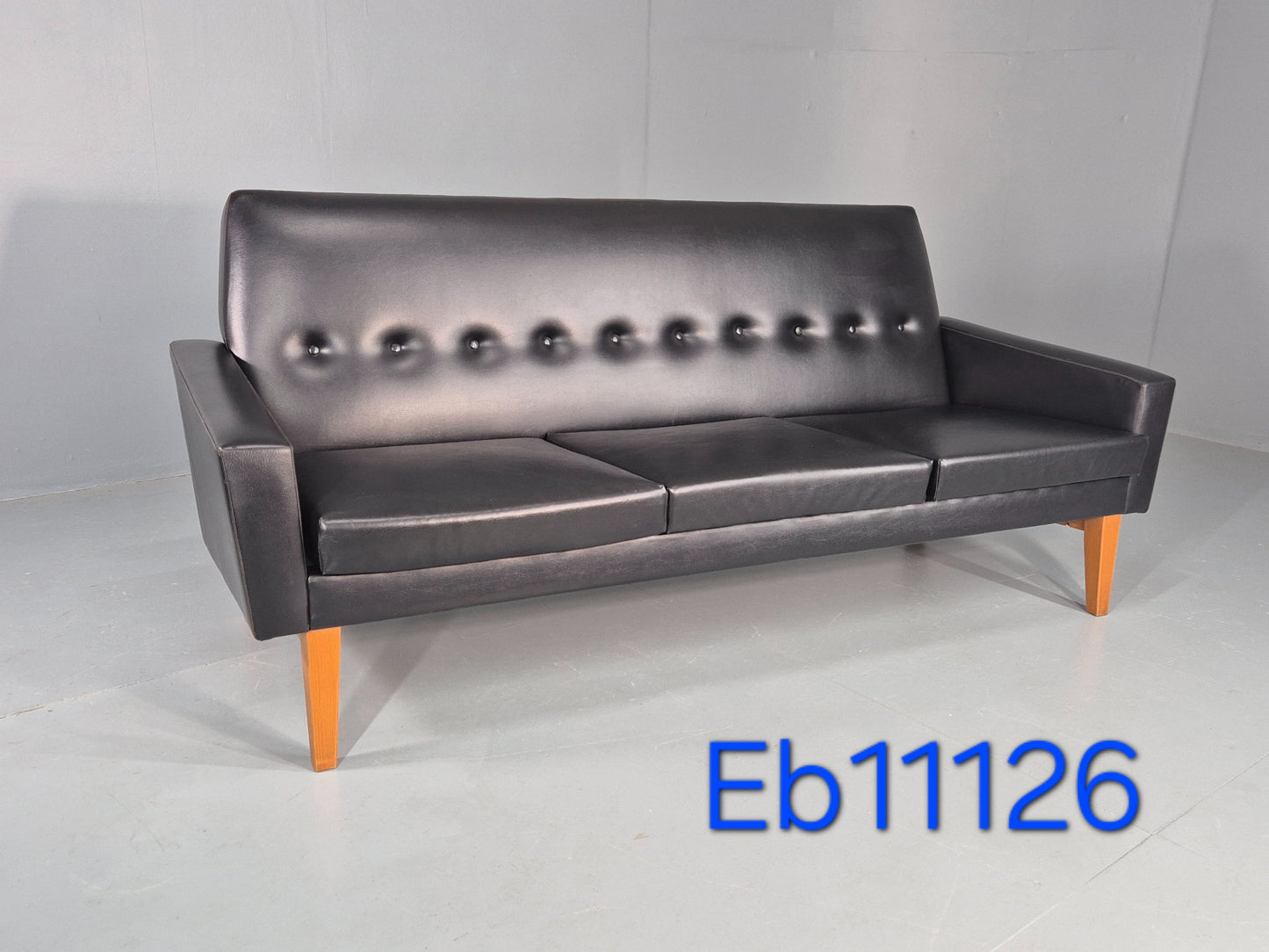 Vintage Three Seat Sofa 1960s Swedish Black Vinyl Upholstery Retro EB11126