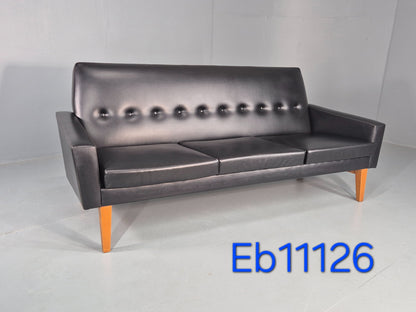 Vintage Three Seat Sofa 1960s Swedish Black Vinyl Upholstery Retro EB11126