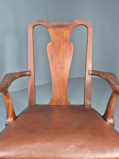 Antique Georgian Elbow Chair Mahogany Frame Leather Seat Splat Back EB11933
