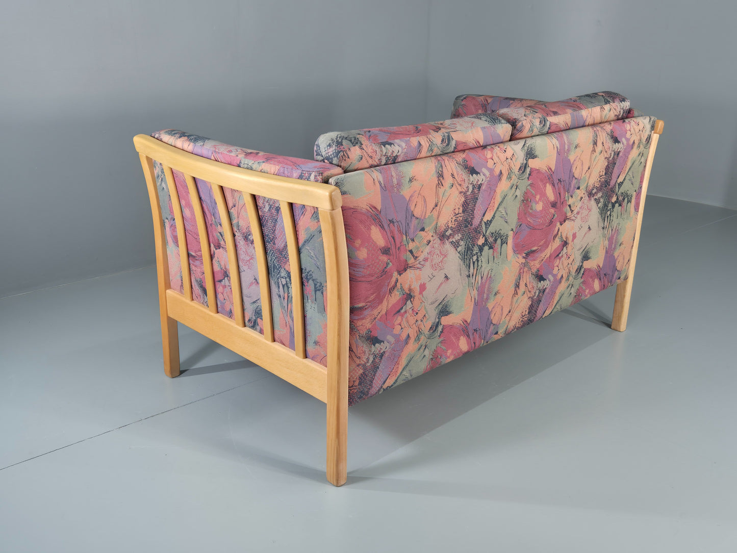 Vintage Stouby 2 Seater Sofa Floral Cotton Print 1980s Retro Beech Ends EB12448