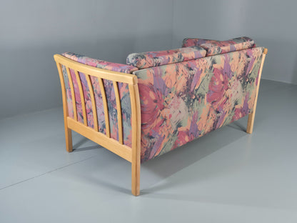 Vintage Stouby 2 Seater Sofa Floral Cotton Print 1980s Retro Beech Ends EB12448