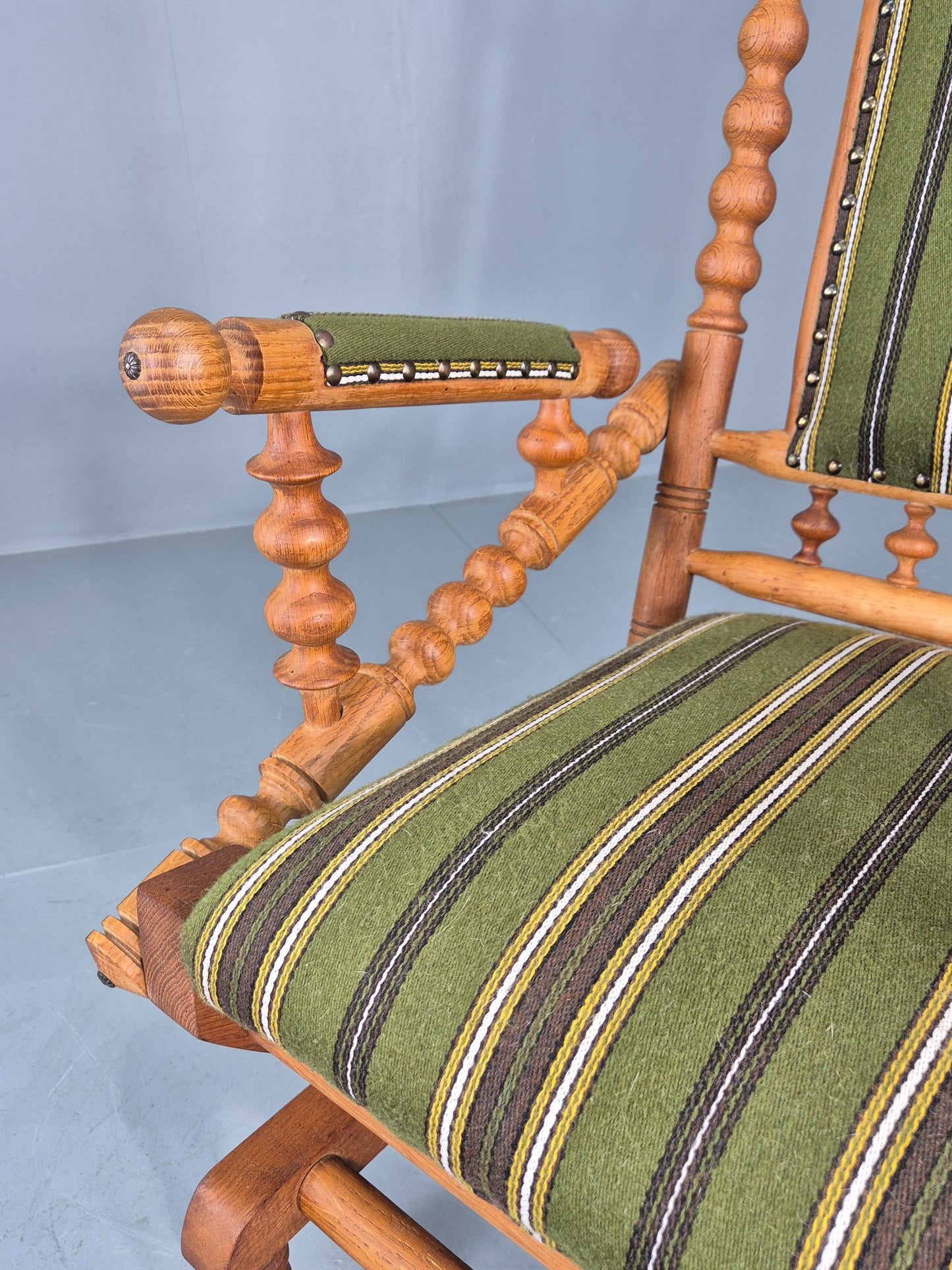 Vintage Henning Kjaernulf Oak Rocker 1970s Retro Original Cloth Green EB12112