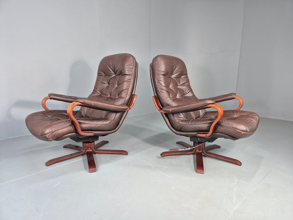 2 Vintage Danish Lounge Chairs Swivel Recline Leather Mid Century Retro EB13093
