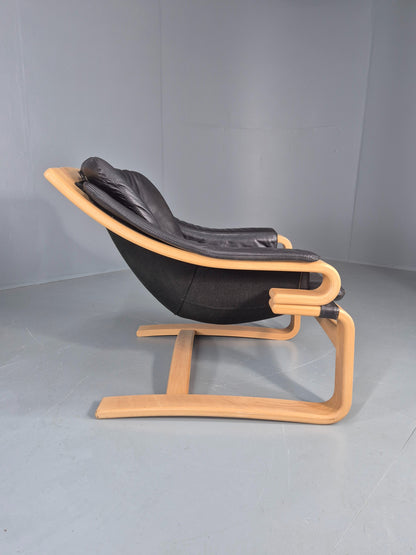 Vintage 1970s Lounge Chair Krokken By Fribytter Leather Bentwood Retro EB11999