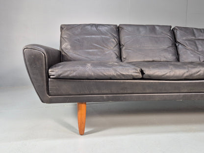 Vintage 3 Seater Black Leather Sofa 1960s Danish Thams Retro MCM EB09926
