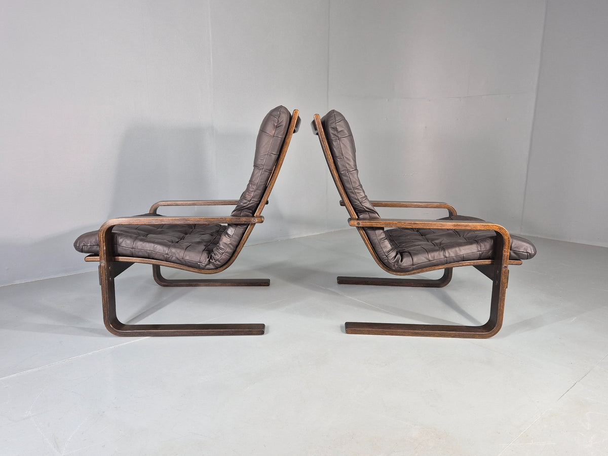 2 Vintage Leather Lounge Chairs 1970s Danish Bentwood MCM Retro  EB13080