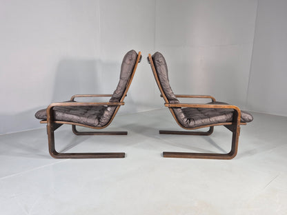 2 Vintage Leather Lounge Chairs 1970s Danish Bentwood MCM Retro  EB13080