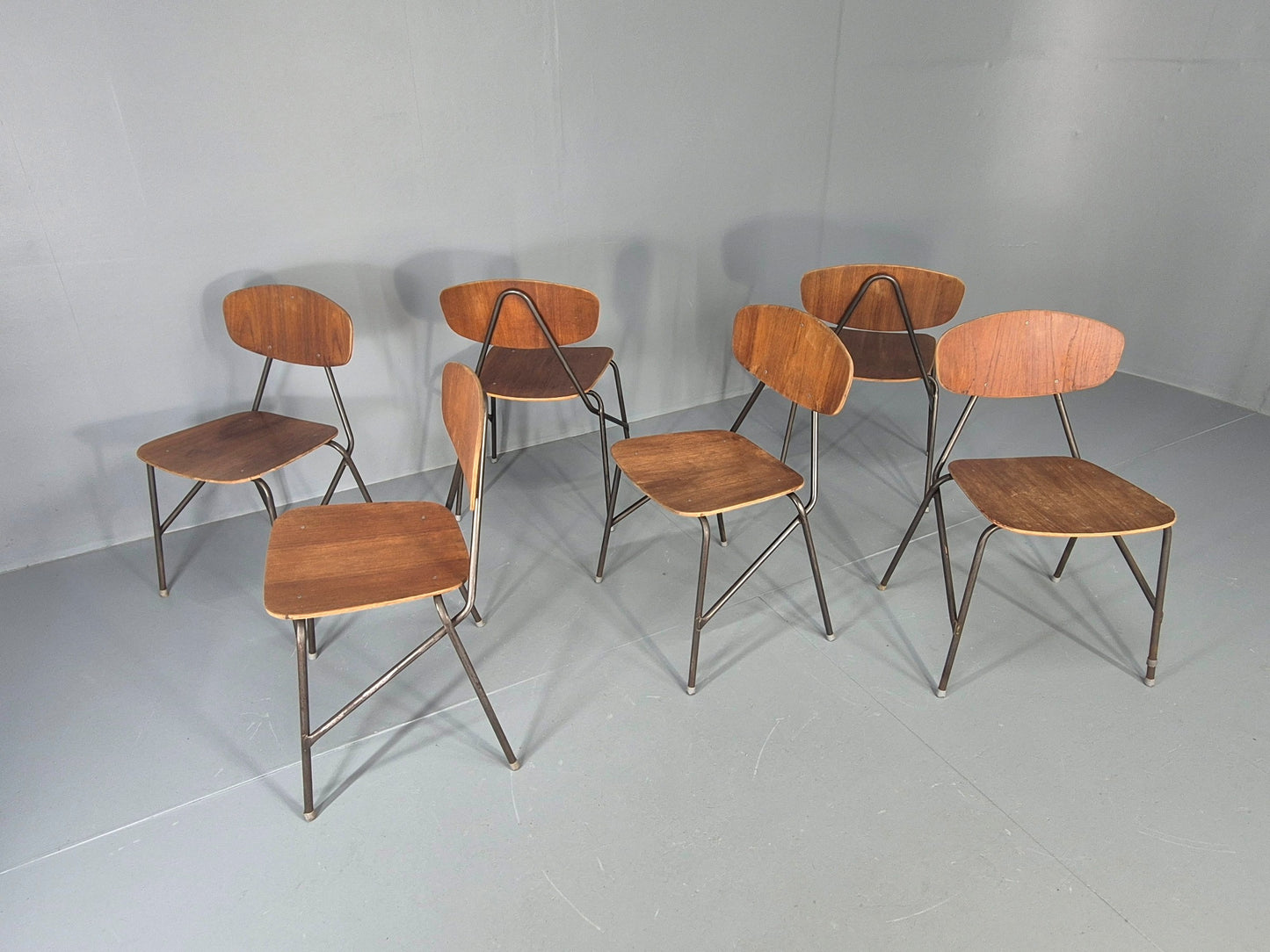6 Vintage Danish Stacking Chair Industrial Steel and Teak Ply Retro MCM  EB12475