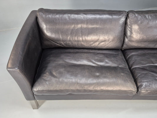 Vintage 3 Seater Stouby Sofa 1990s Black Leather Steel Legs Retro MCM  EB09079