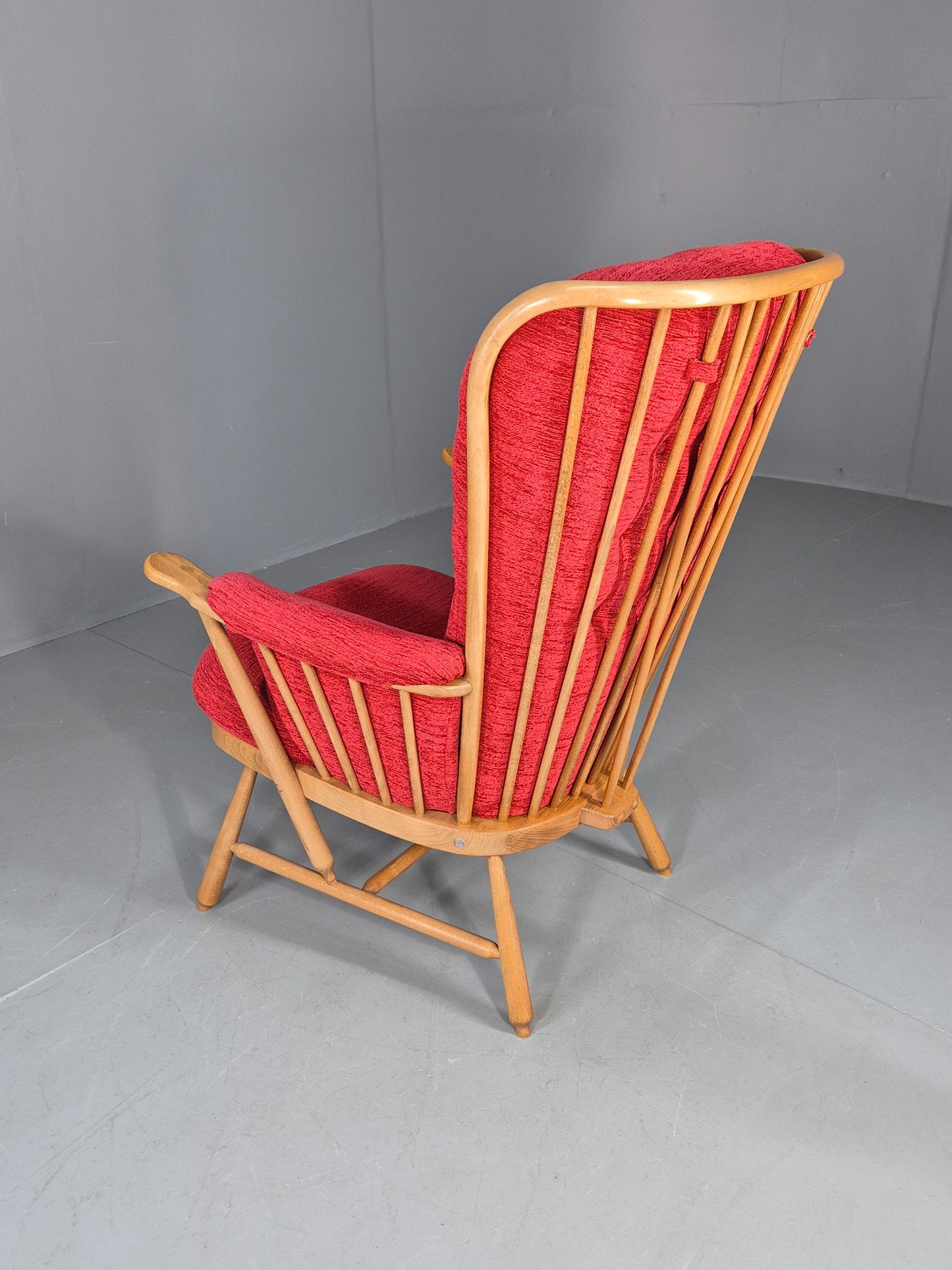 Ercol Evergreen Vintage Lounge Chair High Back Red Chenille Retro EB12859