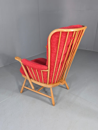 Ercol Evergreen Vintage Lounge Chair High Back Red Chenille Retro EB12859