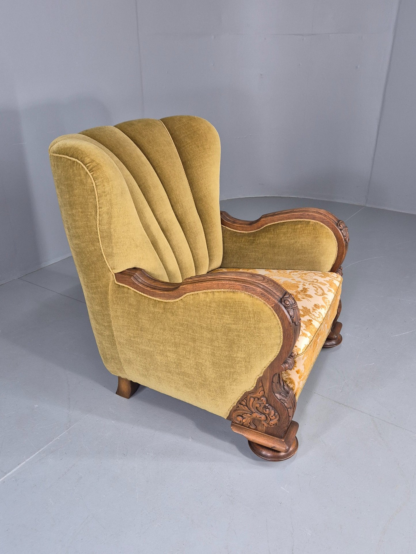 Vintage Danish Art Deco Lounge Chair Carved Oak Frame 1940s Green Floral EB12837