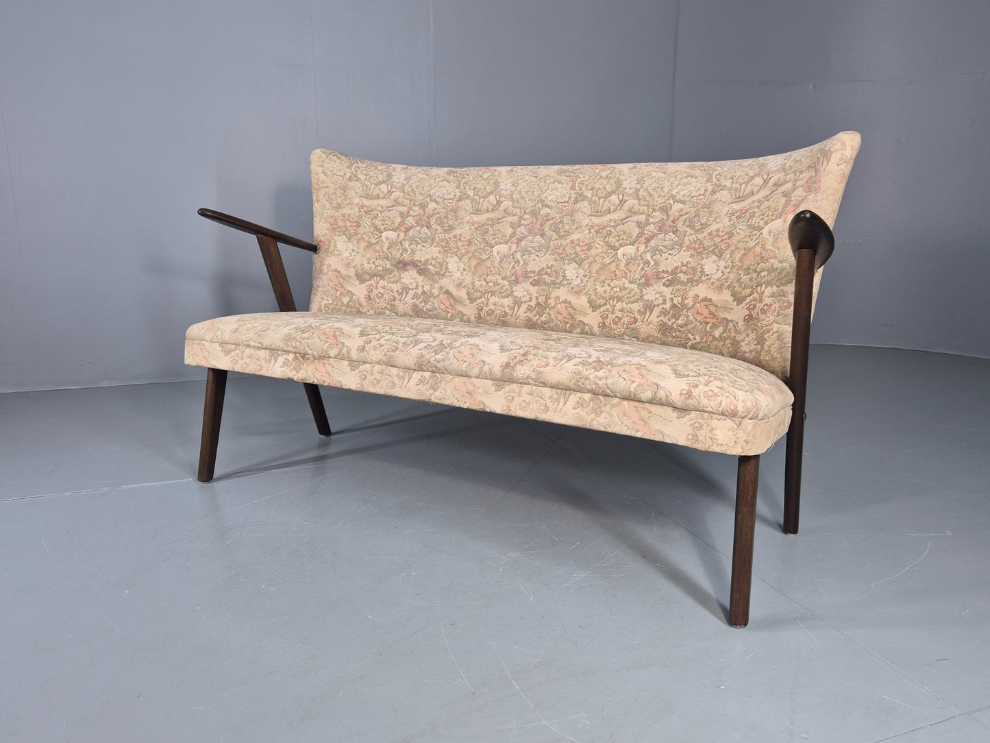Vintage Mid Century 3 Seat Sofa Teak Frame Classical Upholstery 1960s EB12716