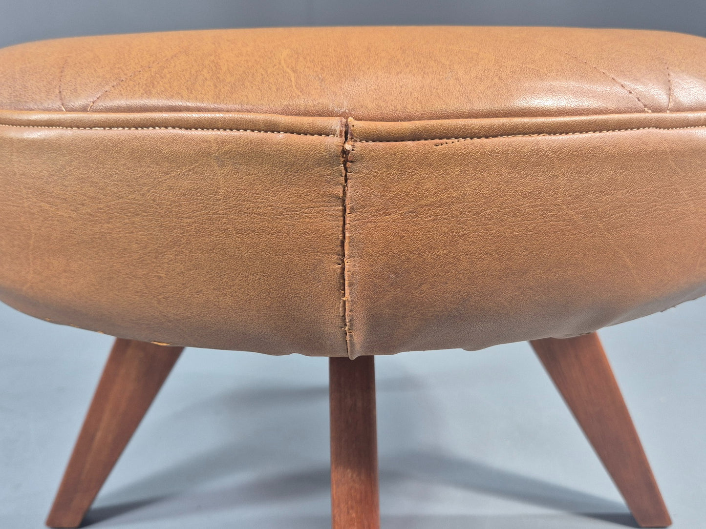 Vintage Mid Century Foot Stool Brown Vinyl Danish Teak Round Retro MCM EB12022