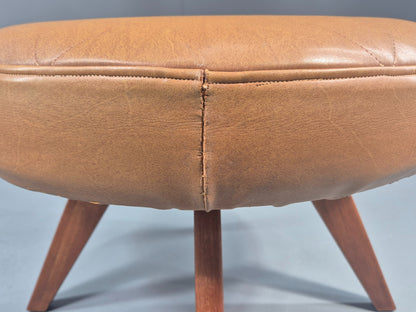 Vintage Mid Century Foot Stool Brown Vinyl Danish Teak Round Retro MCM EB12022