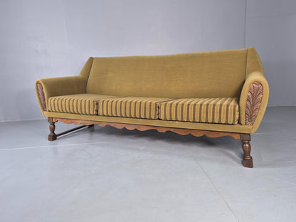 Vintage Danish 3 Seater Sofa 1970s Green Wool on Oak Frame Retro EB12752