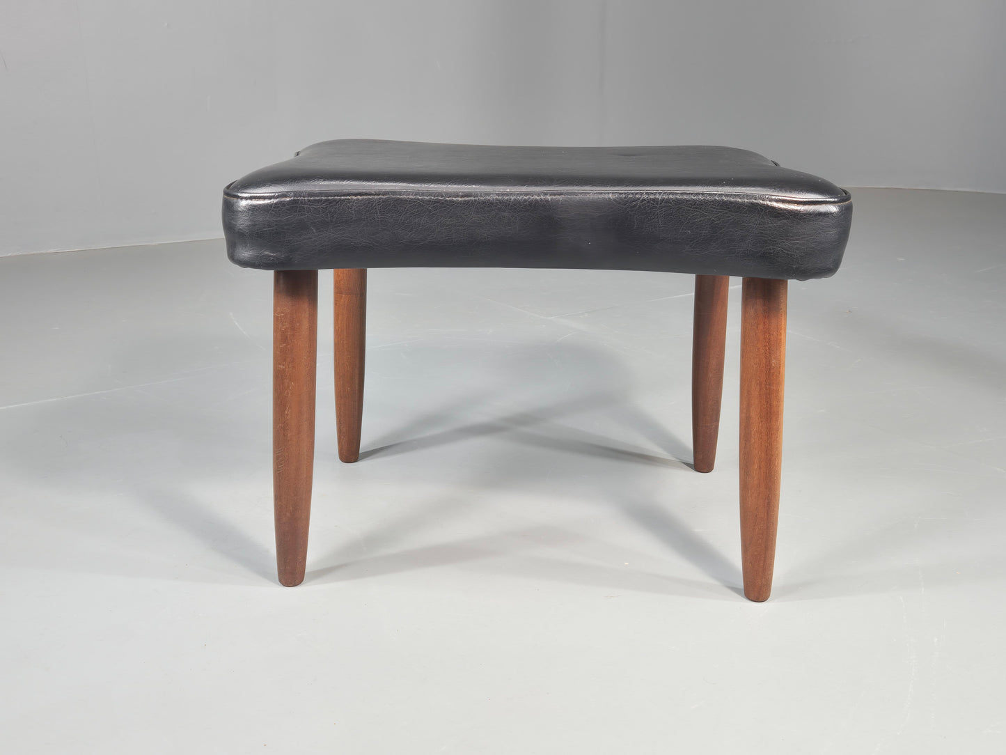 Vintage Mid Century Danish Footstool Black Vinyl Teak Legs 1960s Retro EB12025