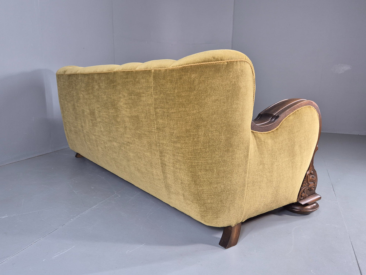 Vintage Danish 3 Seater Sofa 1940s Craved Oak Frame Shell Back Art Deco 12836
