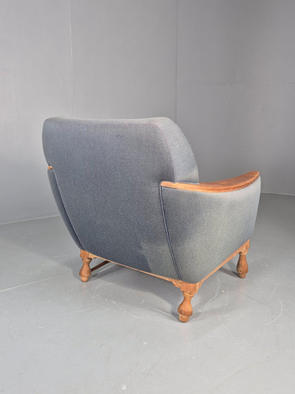 Vintage Danish Lounge Chair Oak Frame Blue Wool 1970s  Retro MCM EB12764