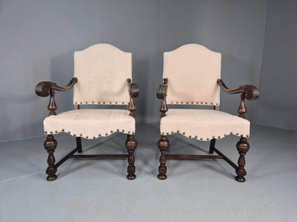 2 Vintage Carolean Style Oak Armchairs 1950s Danish Repro Quality Eb12641