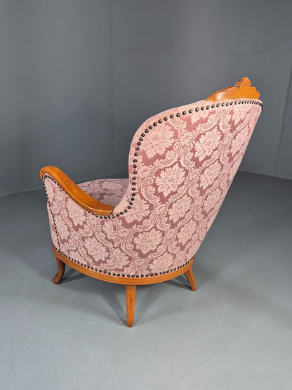 Vintage Danish Rococo Style Arm Chair Pink Floral Damask 20th Century EB12704
