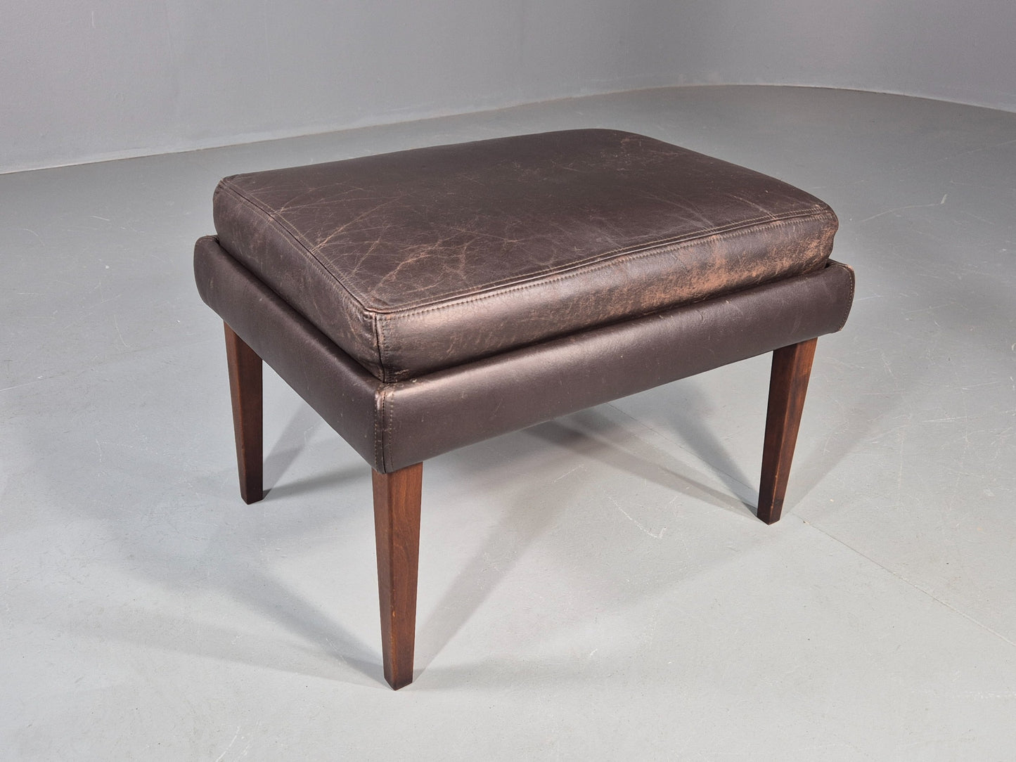 Vintage Mid Century Footstool Danish 1960s Retro Brown Leather EB12225