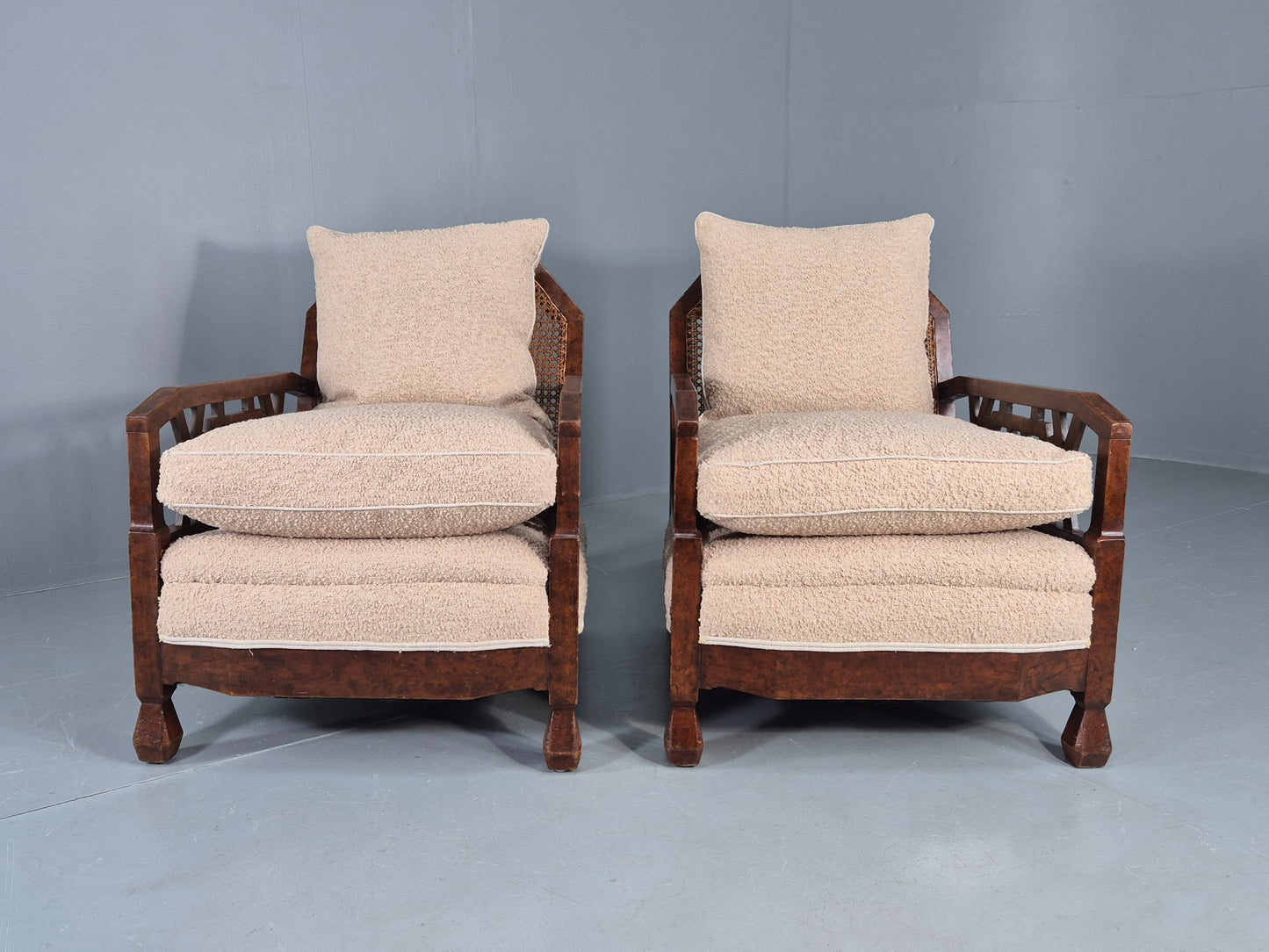Vintage Art Deco Pair Armchairs Dappled Walnut White Boucle Bergere EB12556