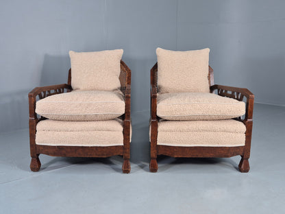 Vintage Art Deco Pair Armchairs Dappled Walnut White Boucle Bergere EB12556