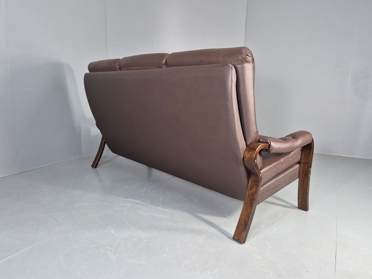 Vintage Danish 3 Seat Sofa Brown Leather Bentwood Frame 1980s Retro MCM EB13062