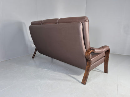 Vintage Danish 3 Seat Sofa Brown Leather Bentwood Frame 1980s Retro MCM EB13062