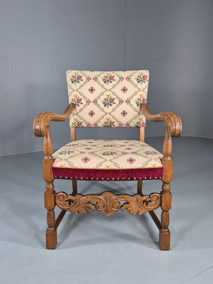 Vintage Danish Baroque Armchair Carved Oak Frame Tapestry Seat EB12113
