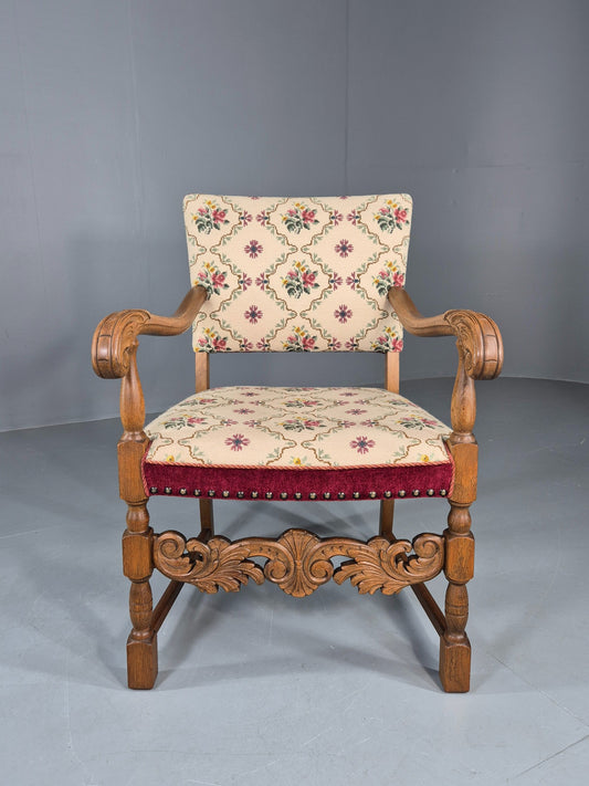 Vintage Danish Baroque Armchair Carved Oak Frame Tapestry Seat EB12113