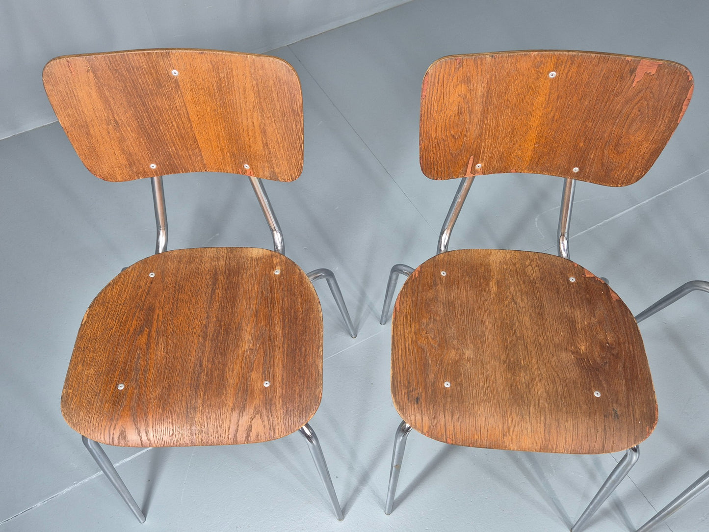 3 Vintage Danish Stacking Industrial Chairs Teak and Steel Retro 1960s EB12404