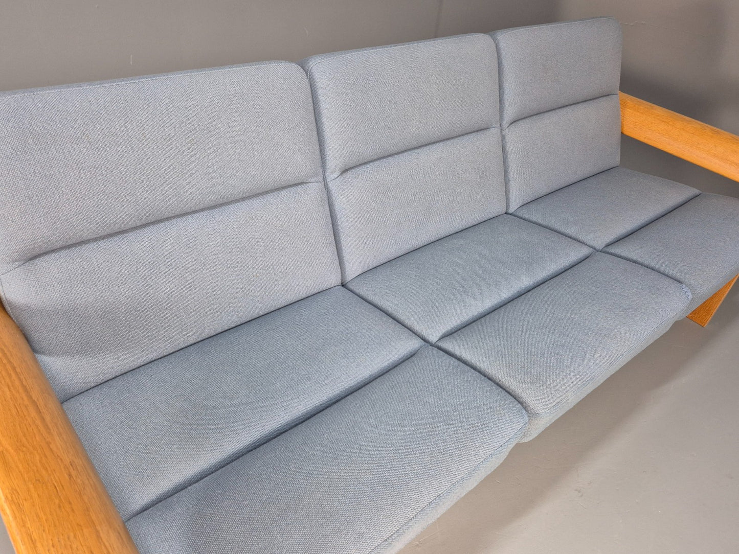 Vintage Danish Magnus Olesen Sofa Oak and Blue Wool 1970s EB9377 M3SS