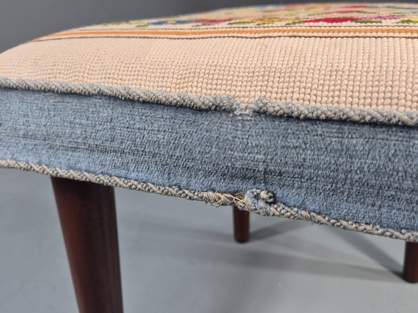 Vintage Danish Midcentury Footstool with Tapestry Floral Top 1960s EB12029