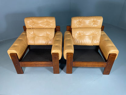 2 Vintage Ekornes Lounge Chairs Caramel Leather 1980s Retro MCM EB06937
