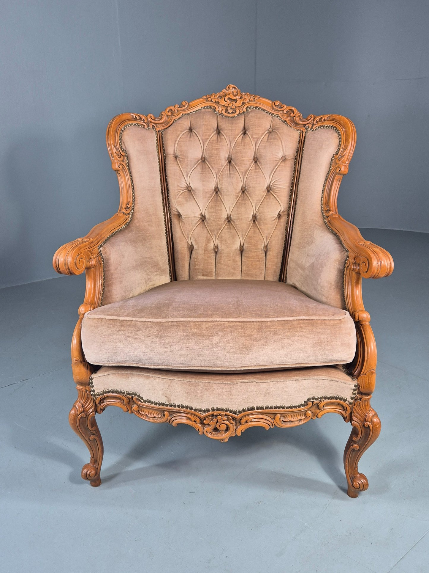 Vintage Danish Rococo Armchair Beech Frame Biege Velour 1970s Retro EB12718