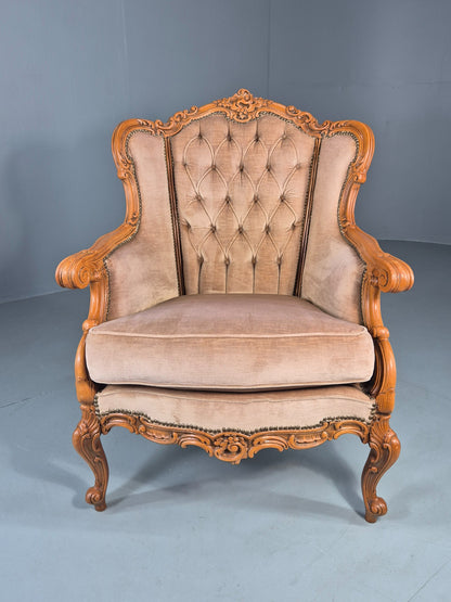 Vintage Danish Rococo Armchair Beech Frame Biege Velour 1970s Retro EB12718