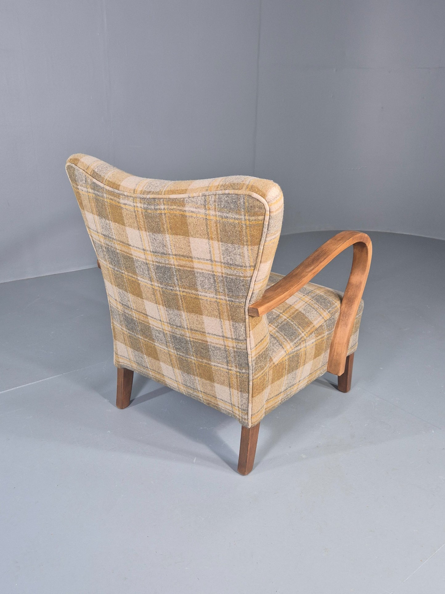 Vintage Danish Art Deco Open Armchair New Upholstery Snowshill Tartan EB12310