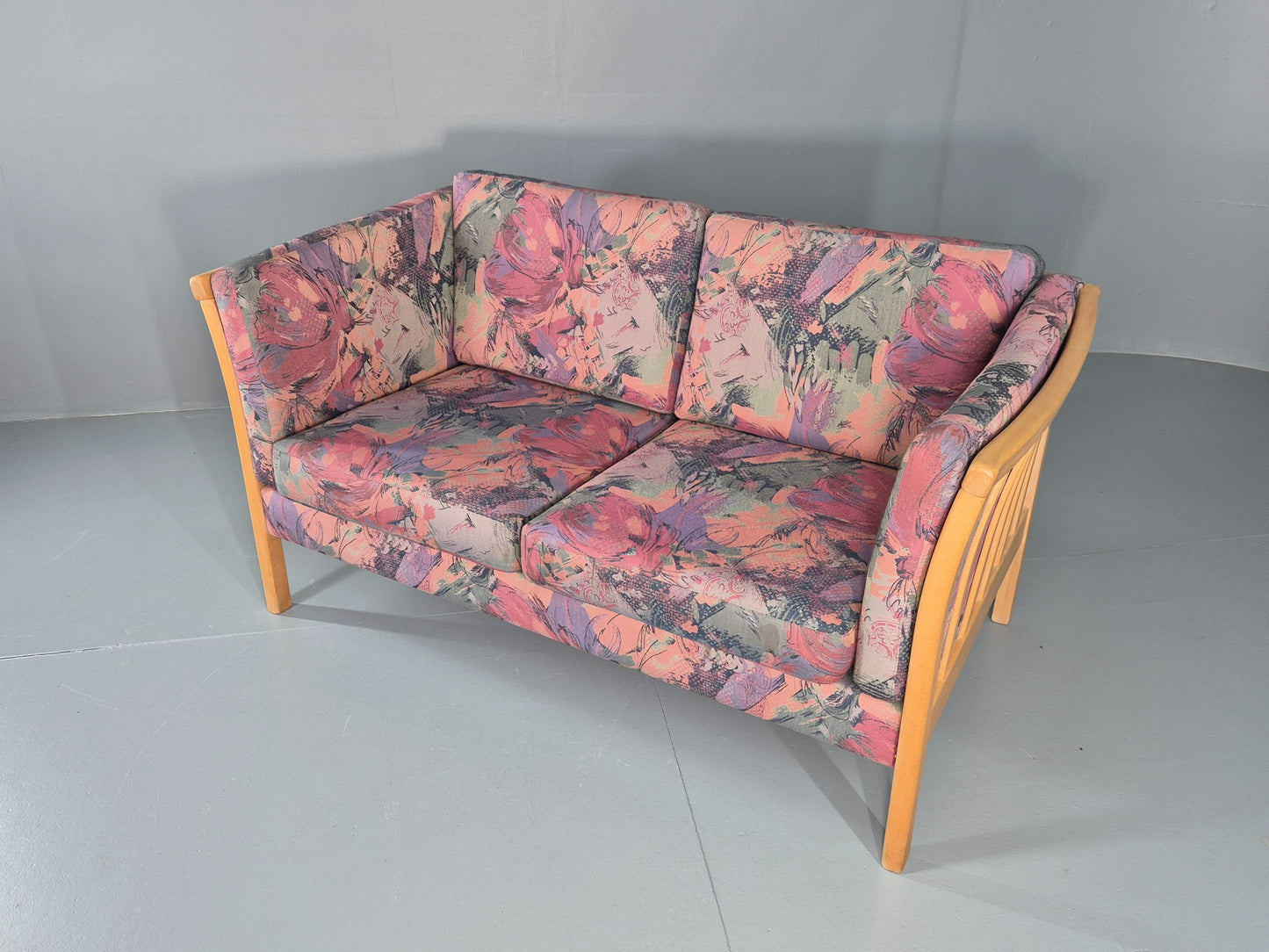 Vintage Stouby 2 Seater Sofa Floral Cotton Print 1980s Retro Beech Ends EB12448